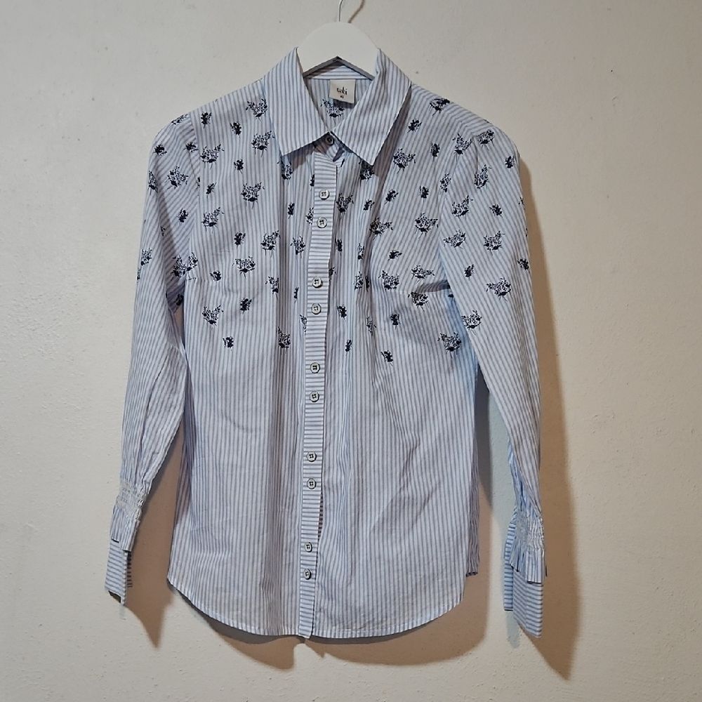 CAbi Blue Striped Button Down Shirt with Floral Design